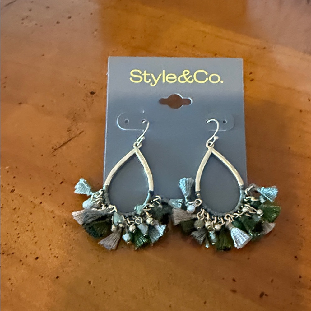 Style & Co. Teardrop Earrings with Green and Silver Tassels